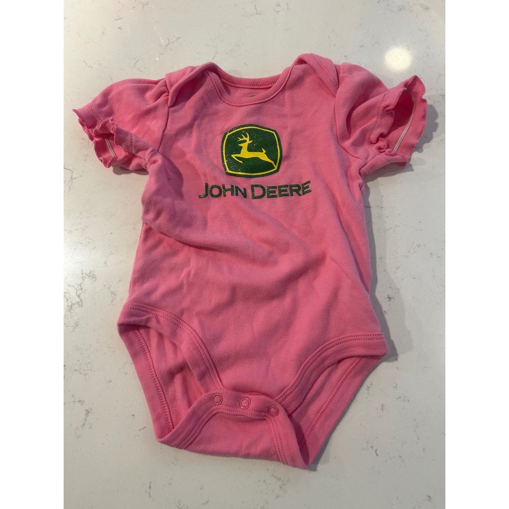 John Deere Pink Ruffle Sleeve Glitter Logo Baby Bodysuit 6/9M One Piece